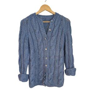 Hand-Knit Blue Wool Cable Knit Cardigan Sweater | Grannycore Cottagecore L / M